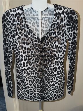 Cache Black & White Leopard-Print V-Neck Top with Rhinestone Detail